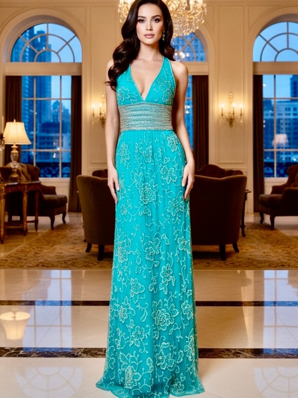 ElegantTeal- Aqua intricate hand beaded Evening Dress. Attitudes by Debra Small.